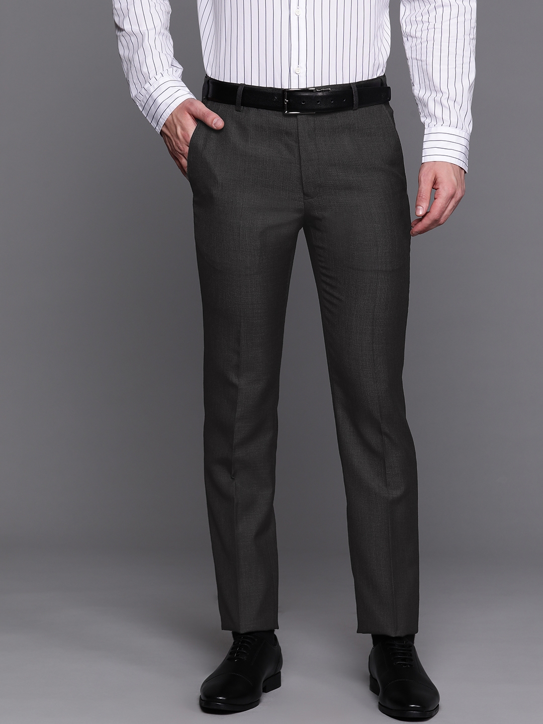Buy Raymond Men Charcoal Black Solid Slim Fit Formal Trousers ...