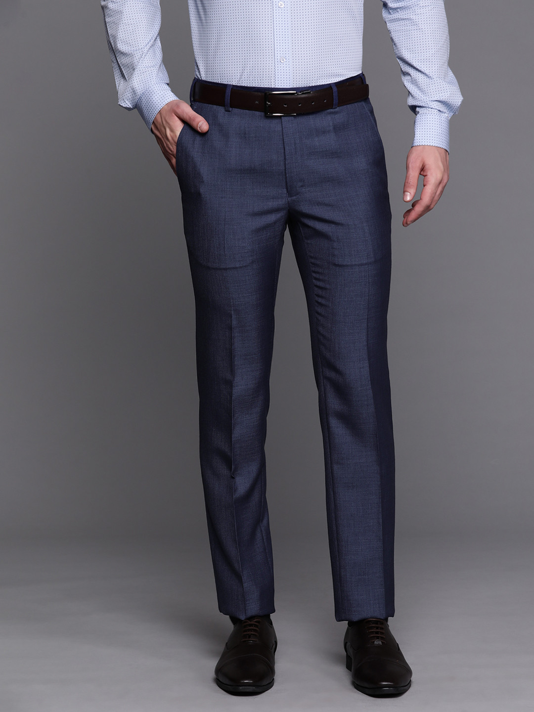 Buy Raymond Men Navy Blue Solid Slim Fit Trousers - Trousers for Men ...