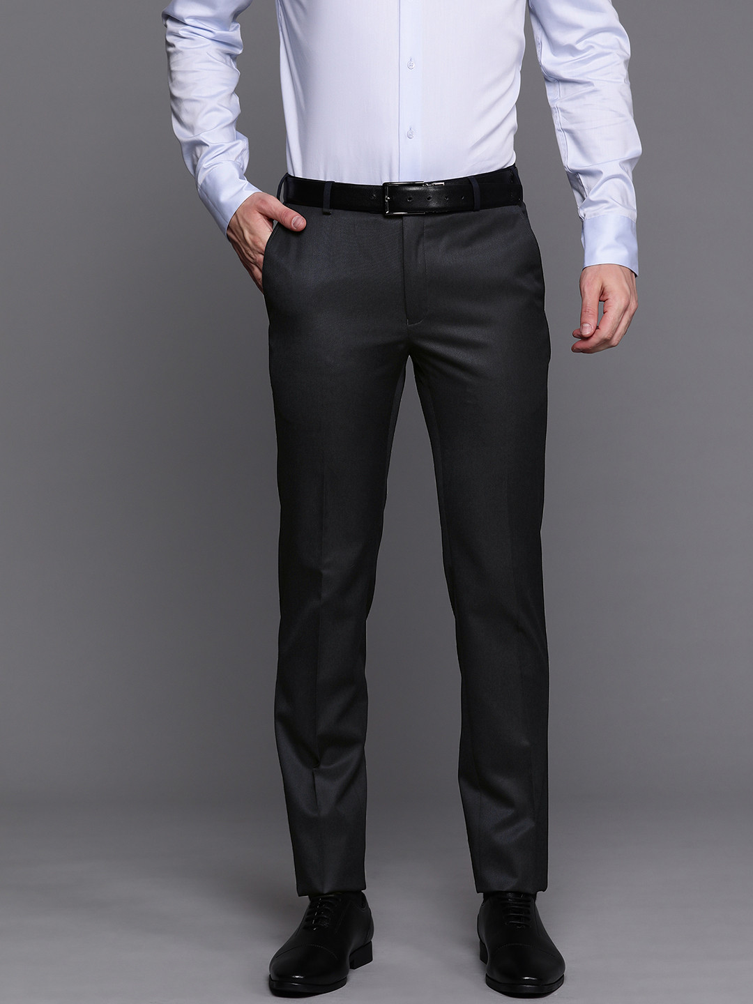 Buy Raymond Men Navy Blue Solid Slim Fit Trousers - Trousers for Men ...