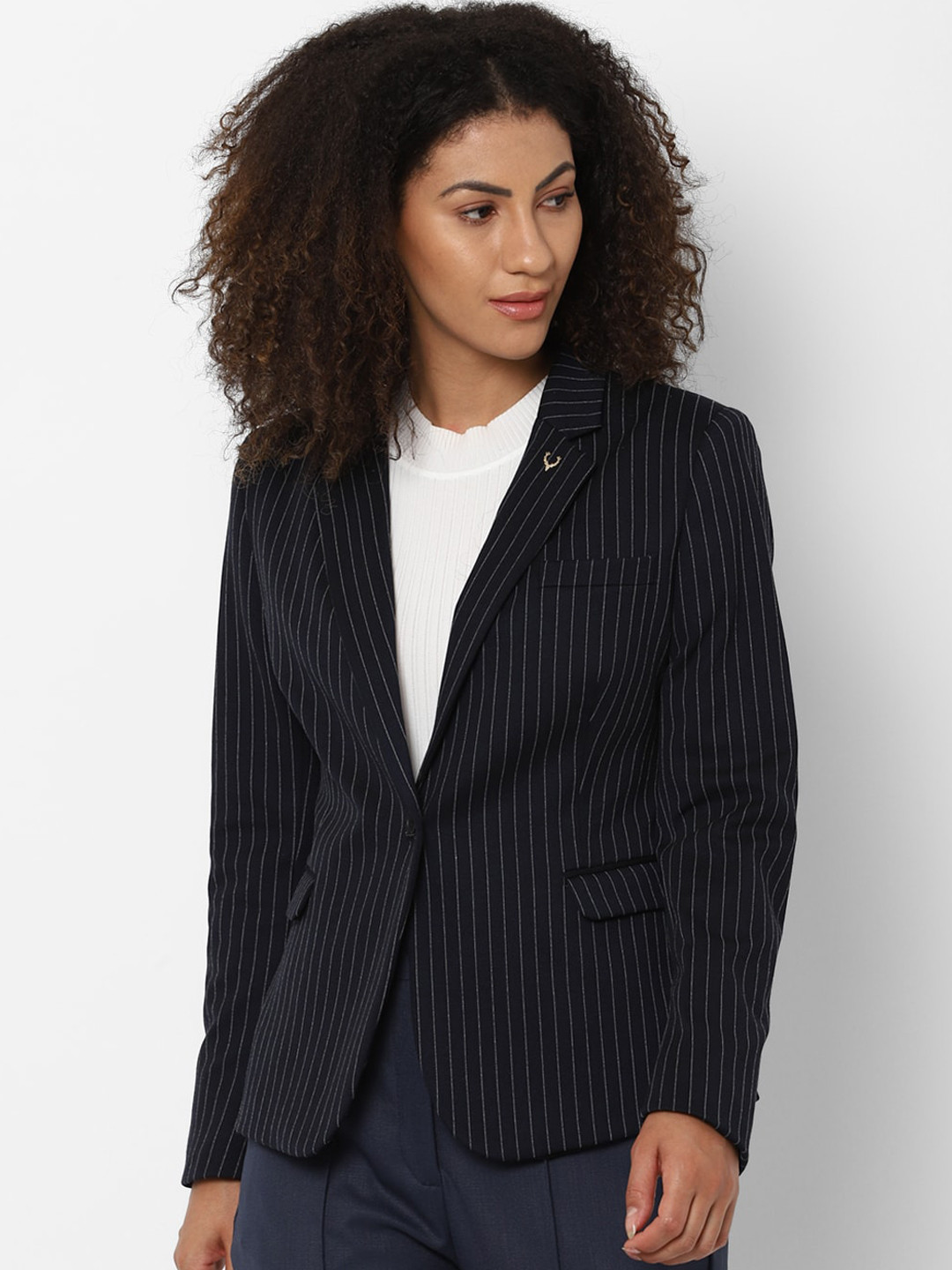 Buy Allen Solly Woman Navy Blue Striped Blazers Blazers for Women