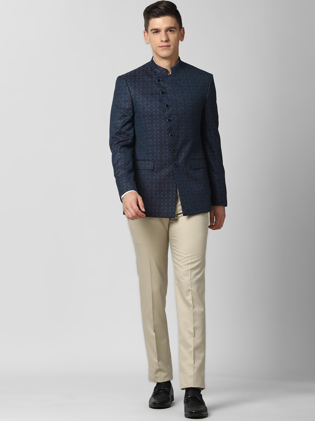 Buy Peter England Elite Men Navy Blue Printed Slim Fit Single Breasted