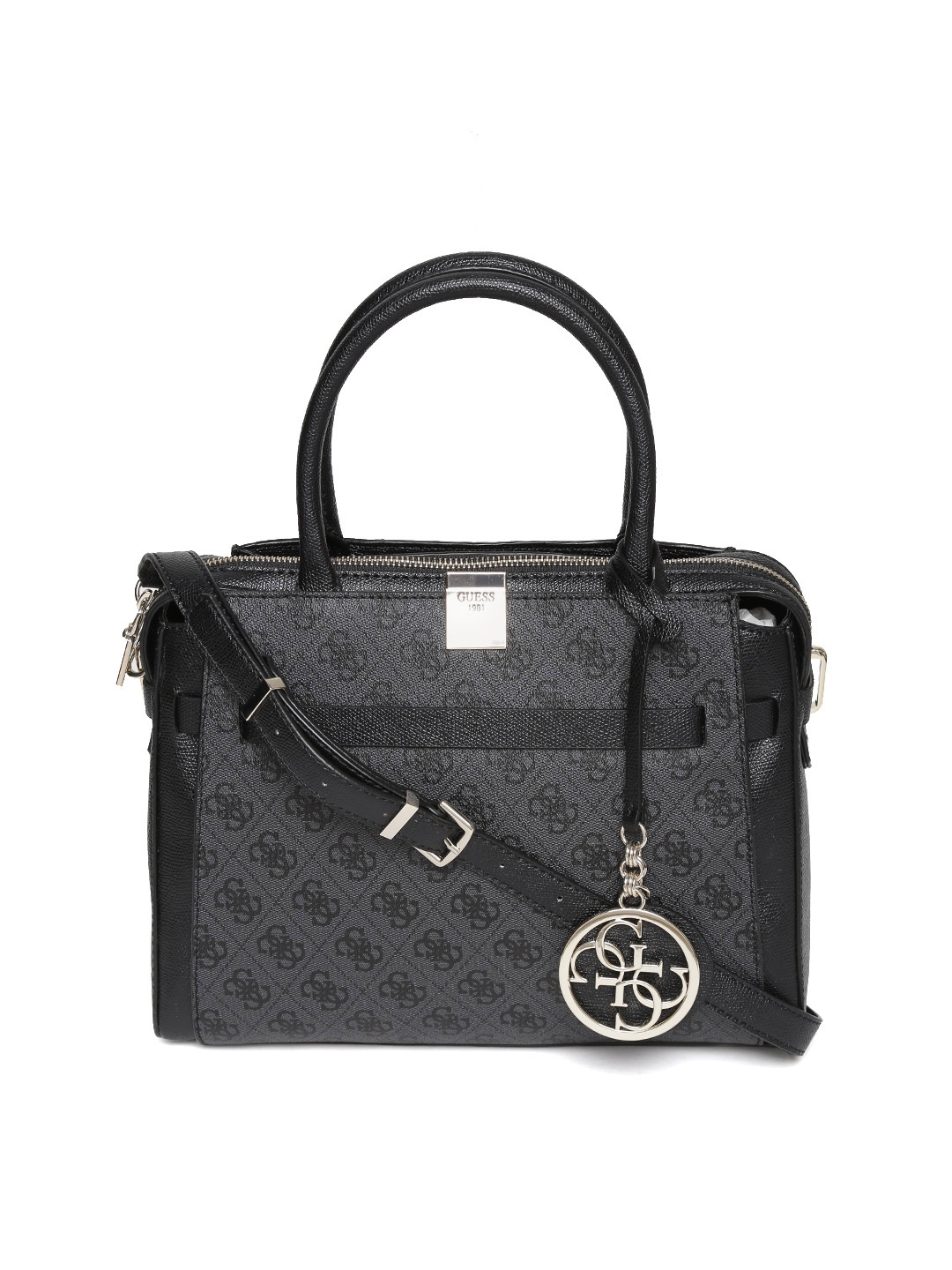 Buy GUESS Charcoal Grey Colourblocked Logo Print Handbag With Sling ...