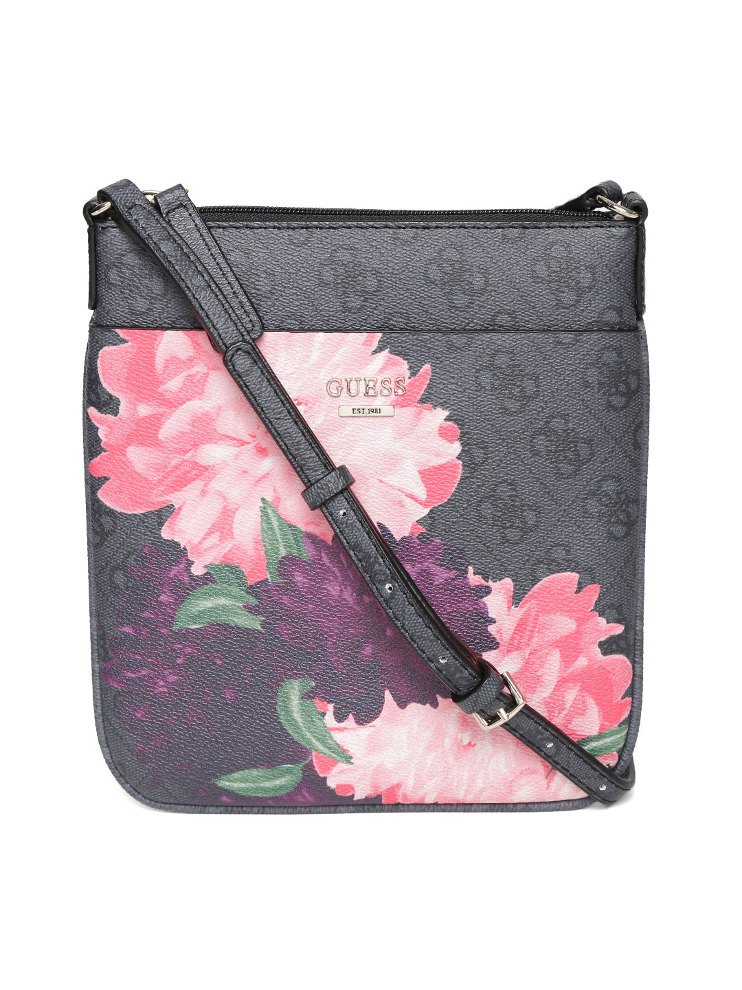 Buy GUESS Charcoal Grey & Pink Floral Print Sling Bag Handbags for