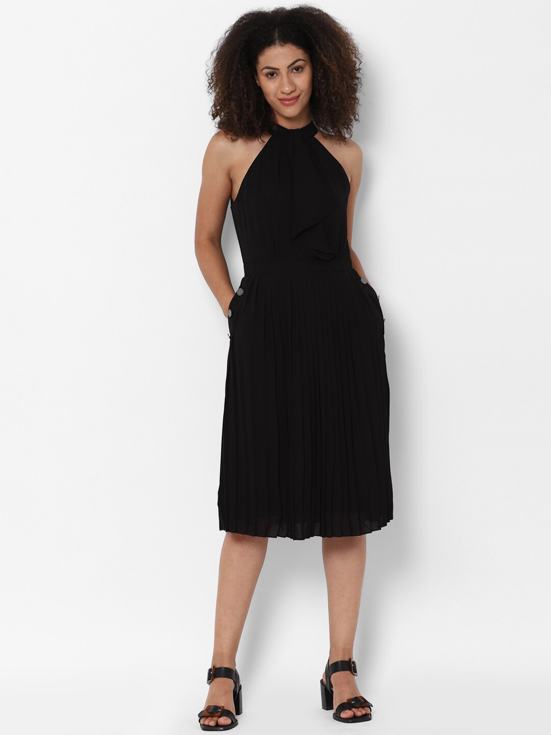 Snuggle Spot Women's Polyster Solid Halter Neck Sleeveless Dress (Black)