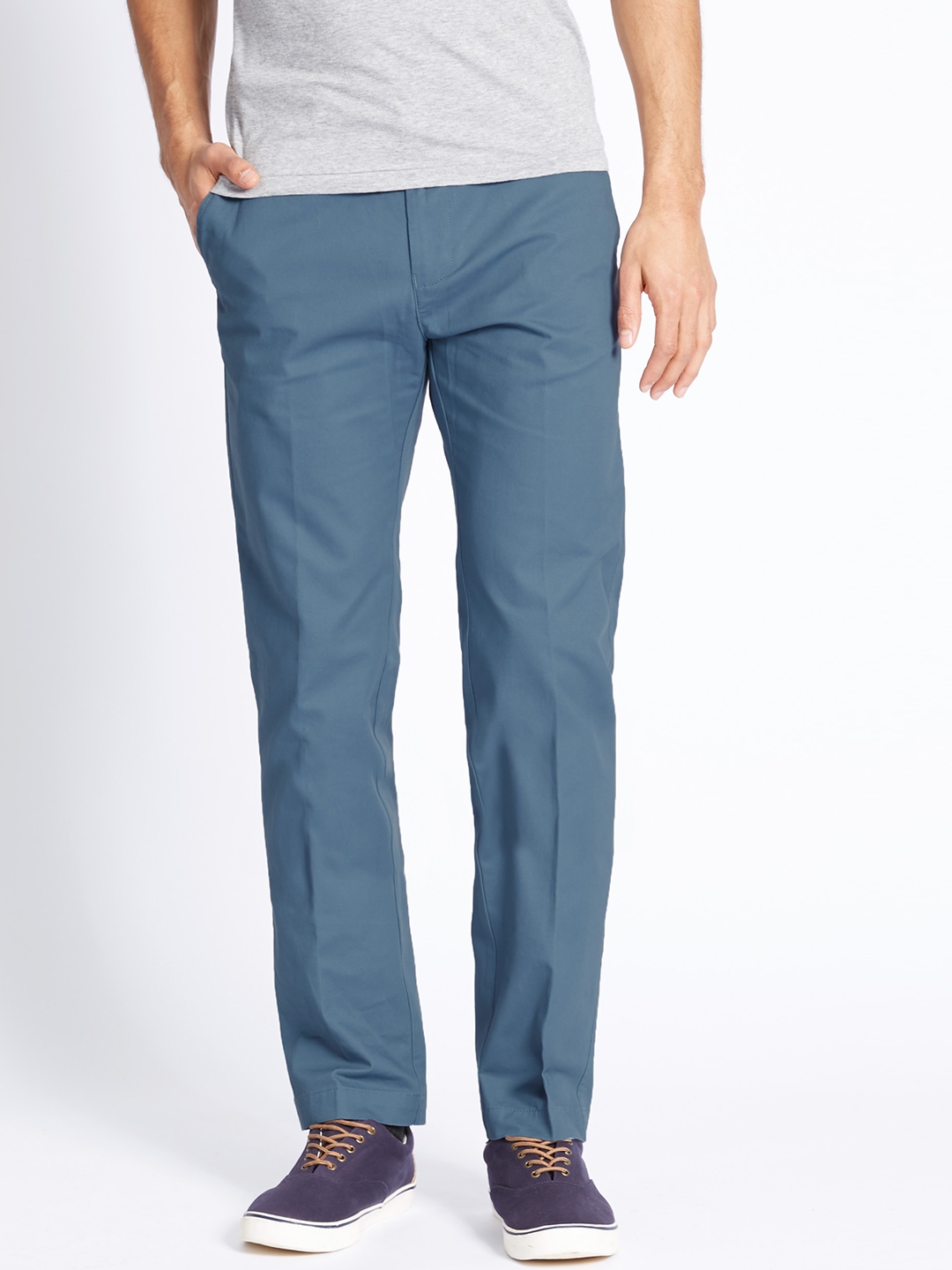 Buy Marks & Spencer Men Blue Straight Fit Chino Trousers - Trousers for ...