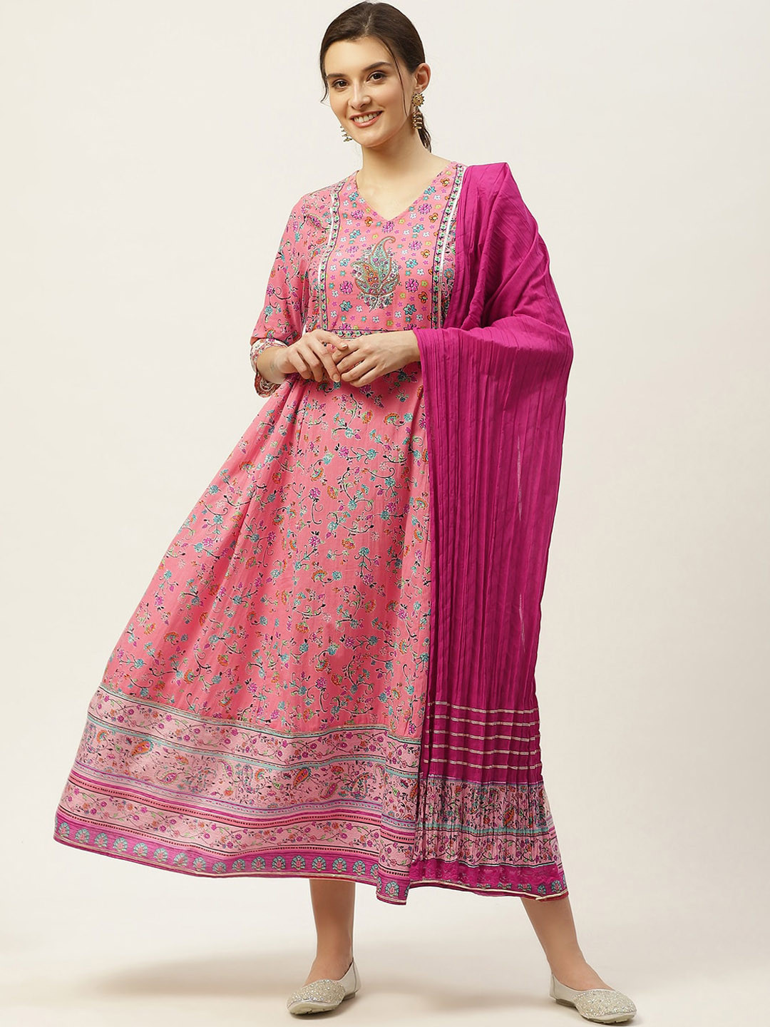 Women's Multi Printed Cotton Anarkali Kurta