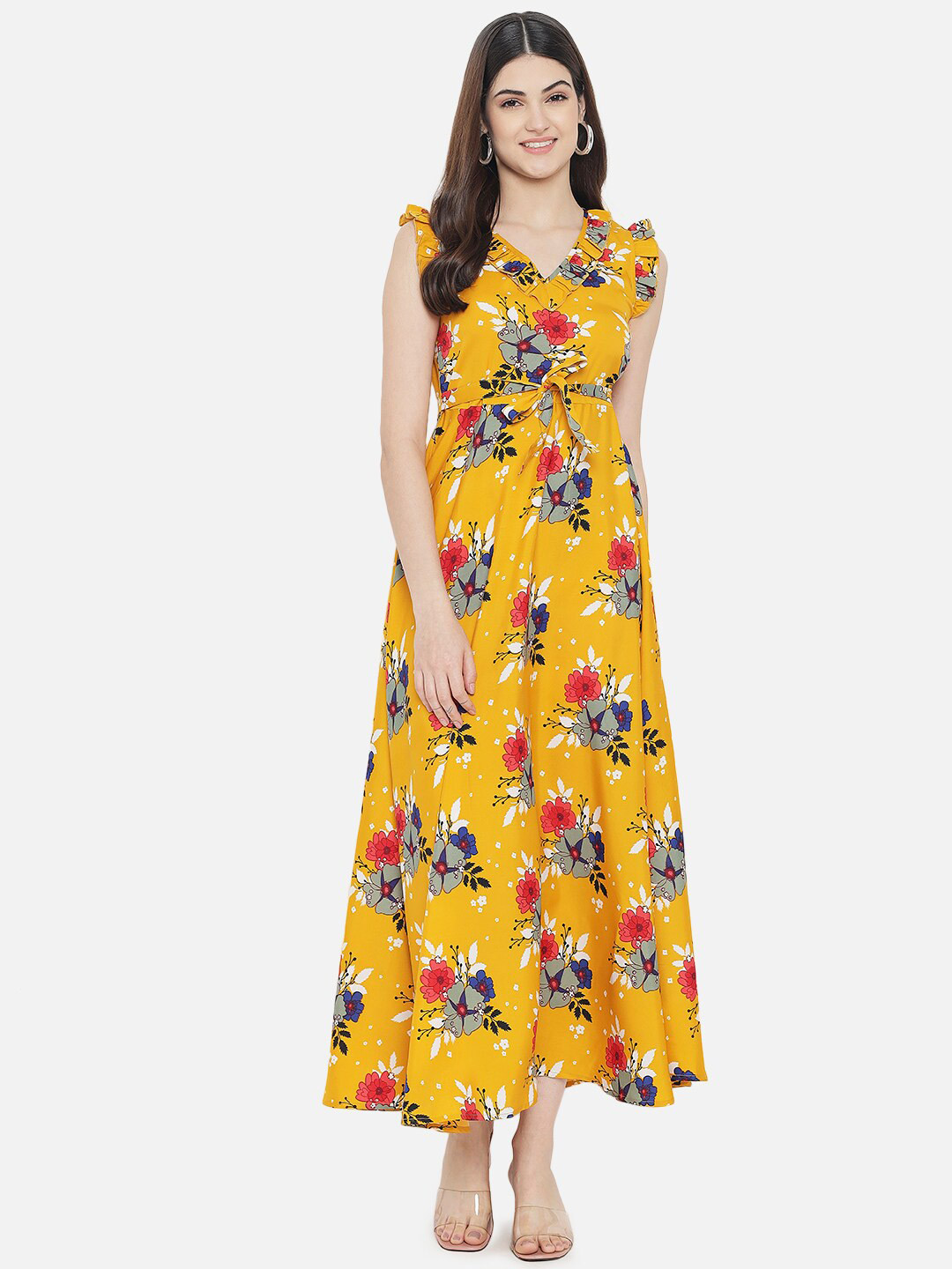 Buy Yaadleen Women Mustard Yellow Floral Printed A Line Maxi Dress