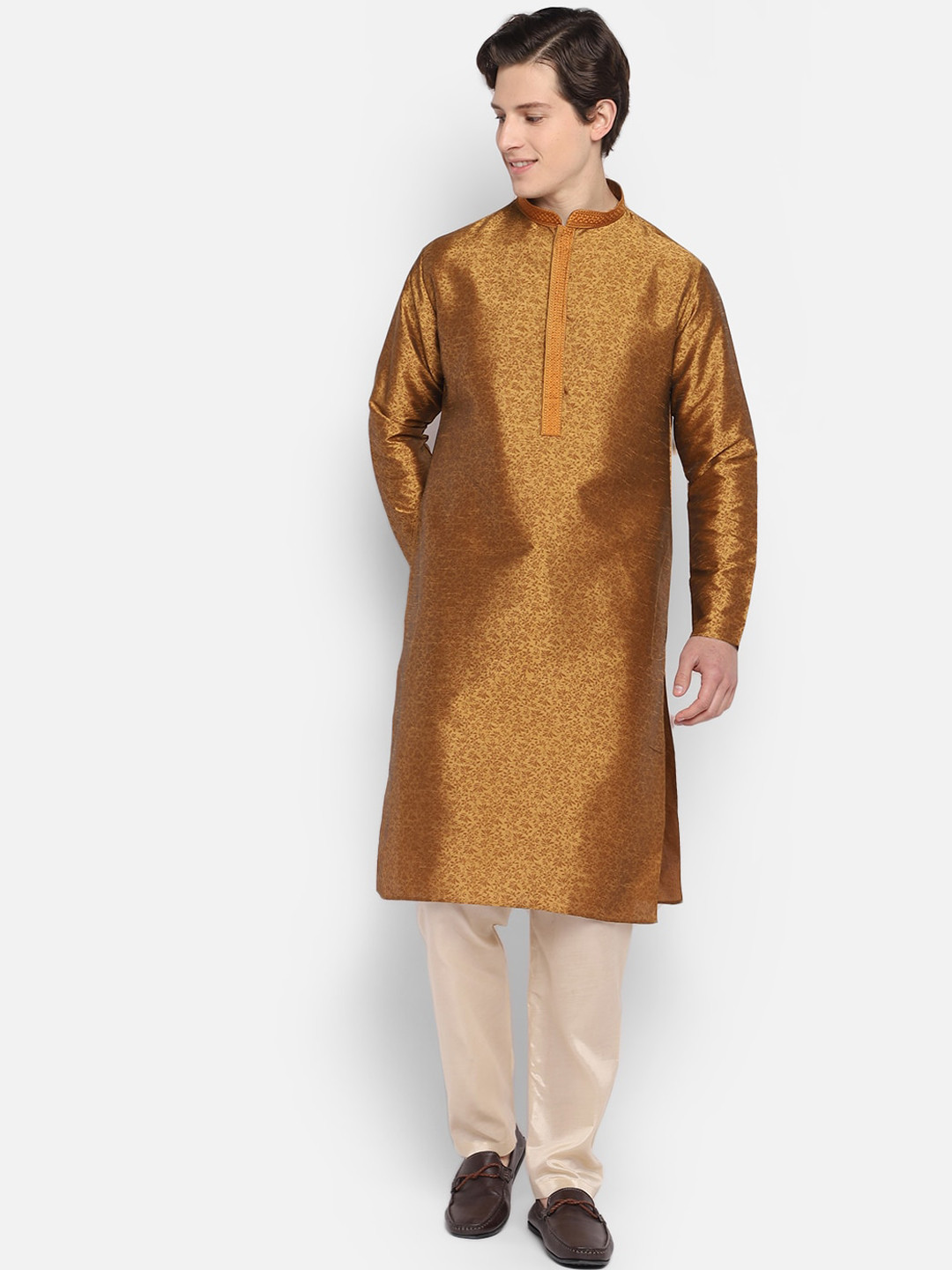 Men Bronze & White Woven Design Kurta With Pyjamas main image 1