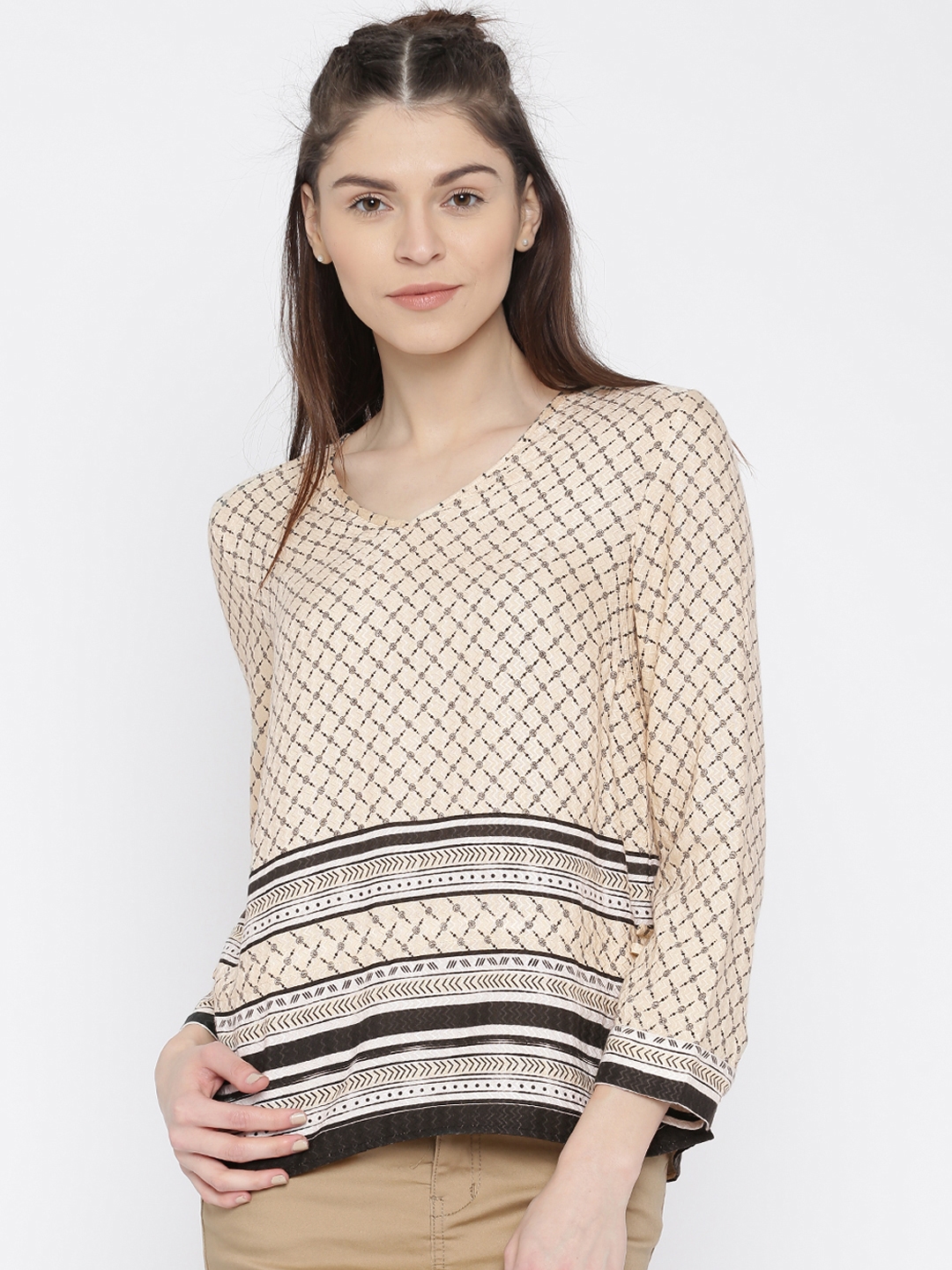 Buy Vero Moda Women Cream Coloured & Black Printed Top - Tops for Women