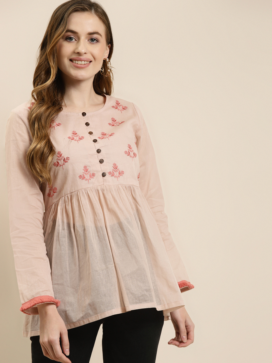 Buy Shae By SASSAFRAS Women Taupe Embroidered Pure Cotton Longline Top