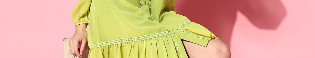 Buy SASSAFRAS Women Attractive Lime Green Solid Feminine Frills Dress ...