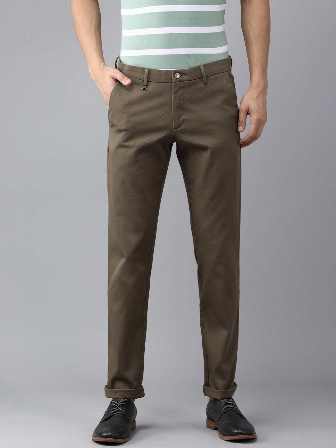 Buy Van Heusen Men Khaki Solid Mid Rise Slim Fit Trousers Trousers