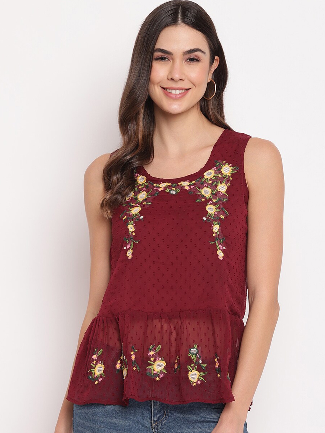 Buy Mayra Women Maroon Floral Embroidered Top - Tops for Women 17513794 ...