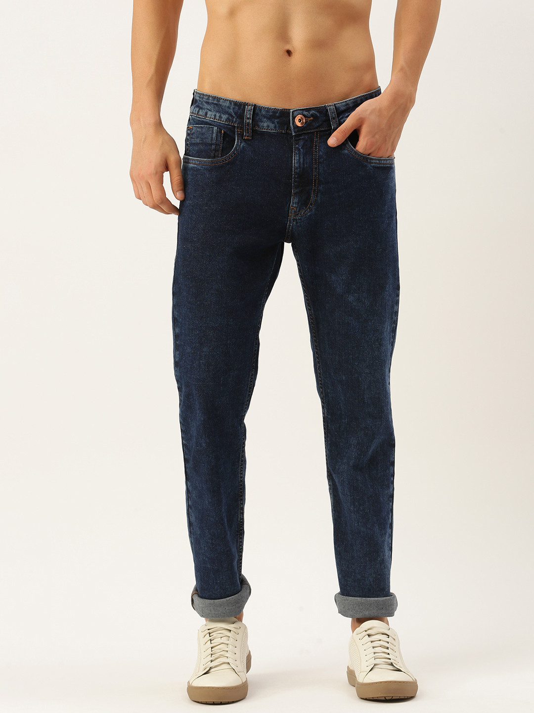 Buy Flying Machine Men Navy Blue Micheal Slim Tapered Fit Stretchable ...