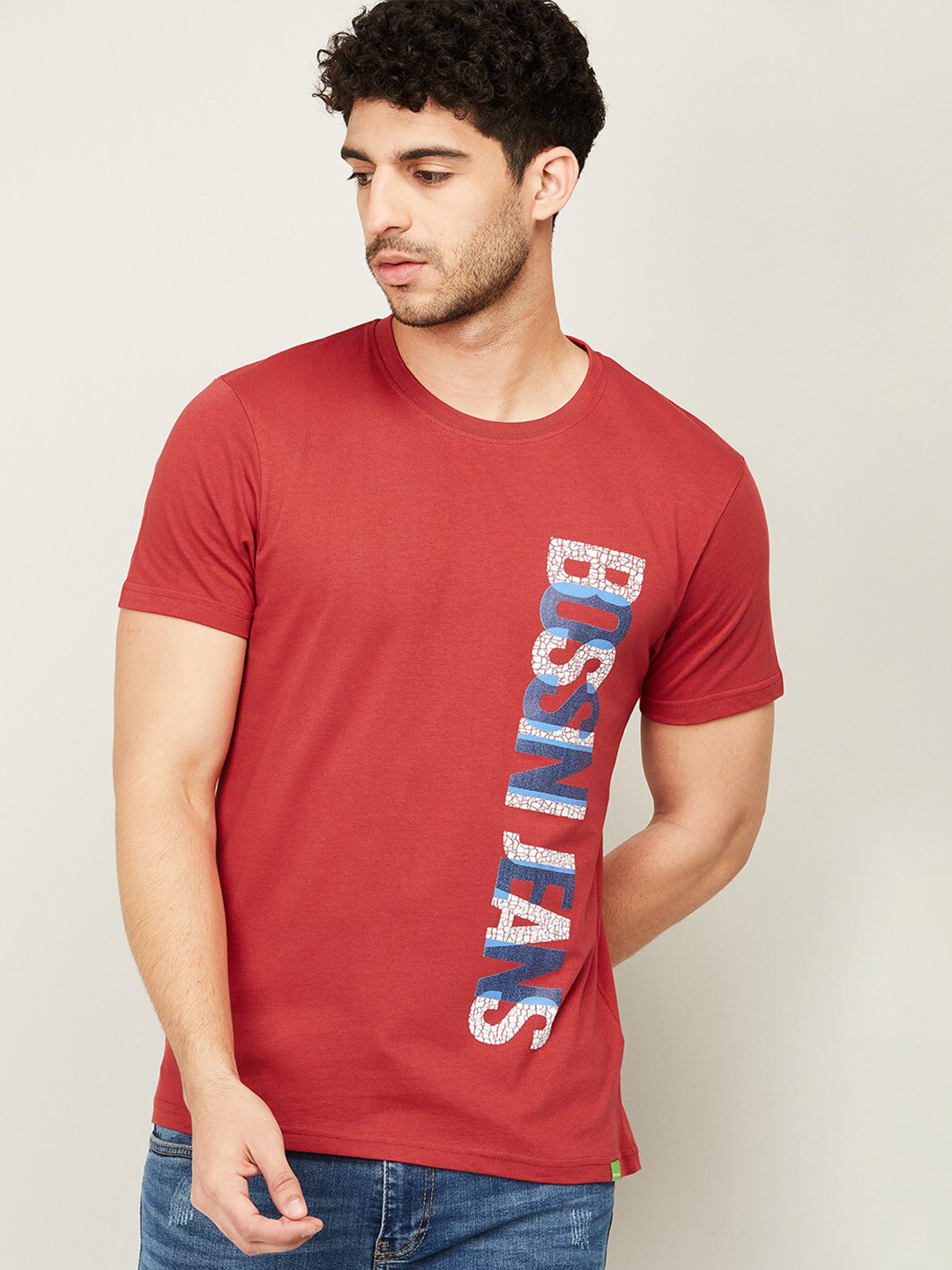 Buy Bossini Men Red & White Brand Logo Printed Cotton T Shirt Tshirts