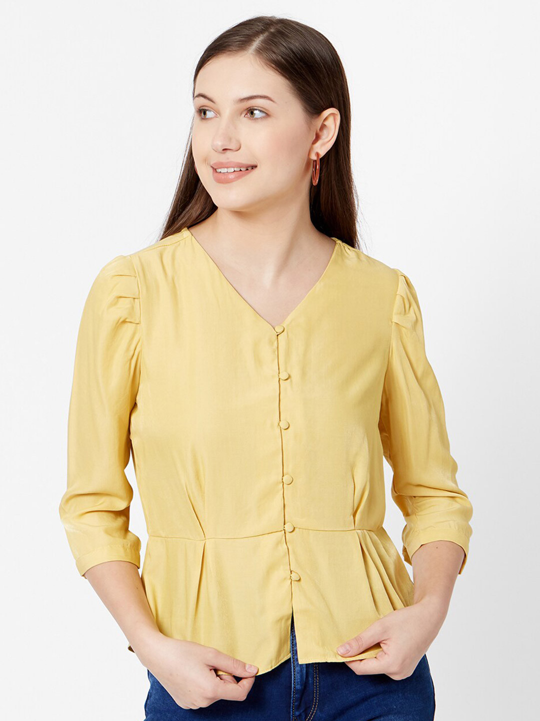 Buy Kraus Jeans Mustard Yellow V Neck Peplum Top Tops for Women