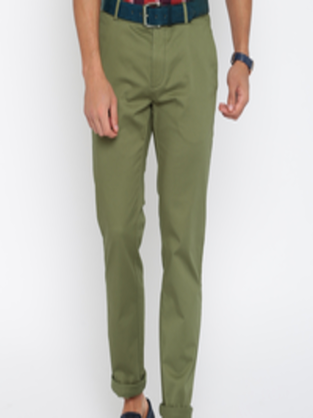 Buy CODE By Lifestyle Men Olive Green Solid Slim Fit Chino Trousers ...