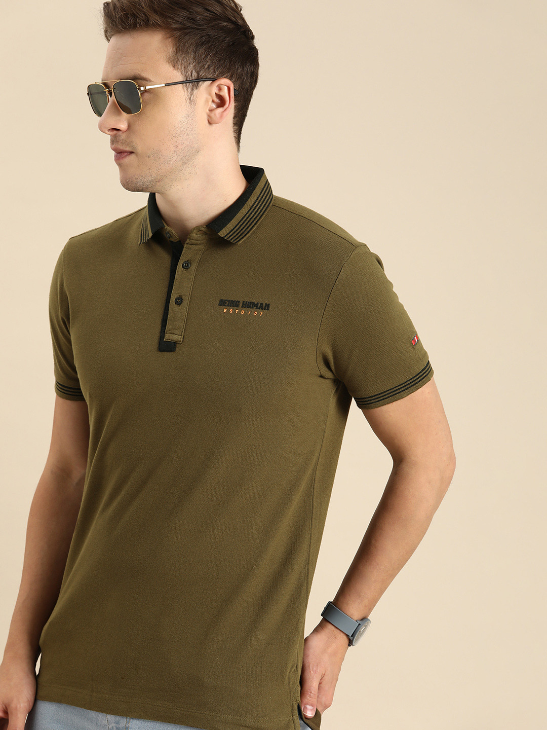 Buy Being Human Men Olive Green Brand Logo Printed Polo Collar T Shirt