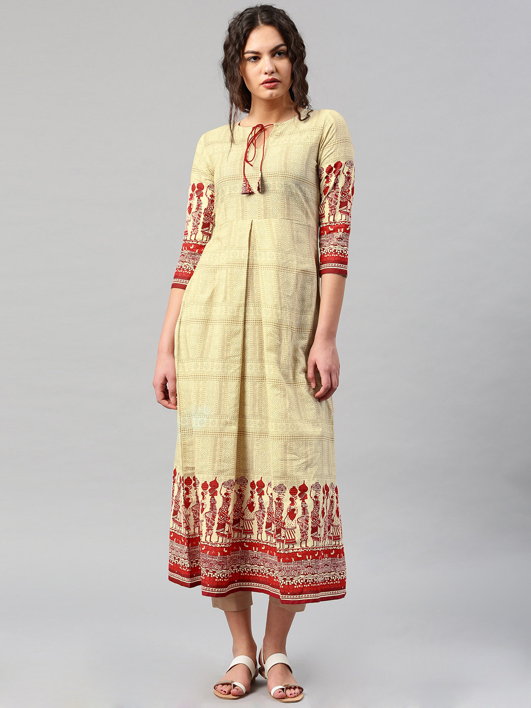 Buy Libas Women Cream Coloured & Brown Printed A Line Kurta Kurtas