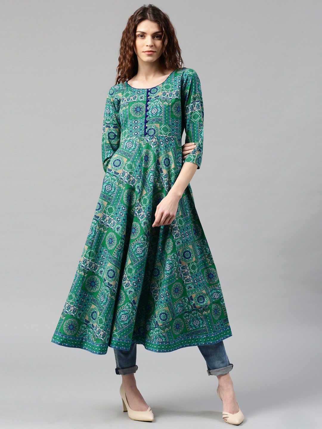 Buy Libas Women Blue & Green Printed Anarkali Kurta - Kurtas for Women ...