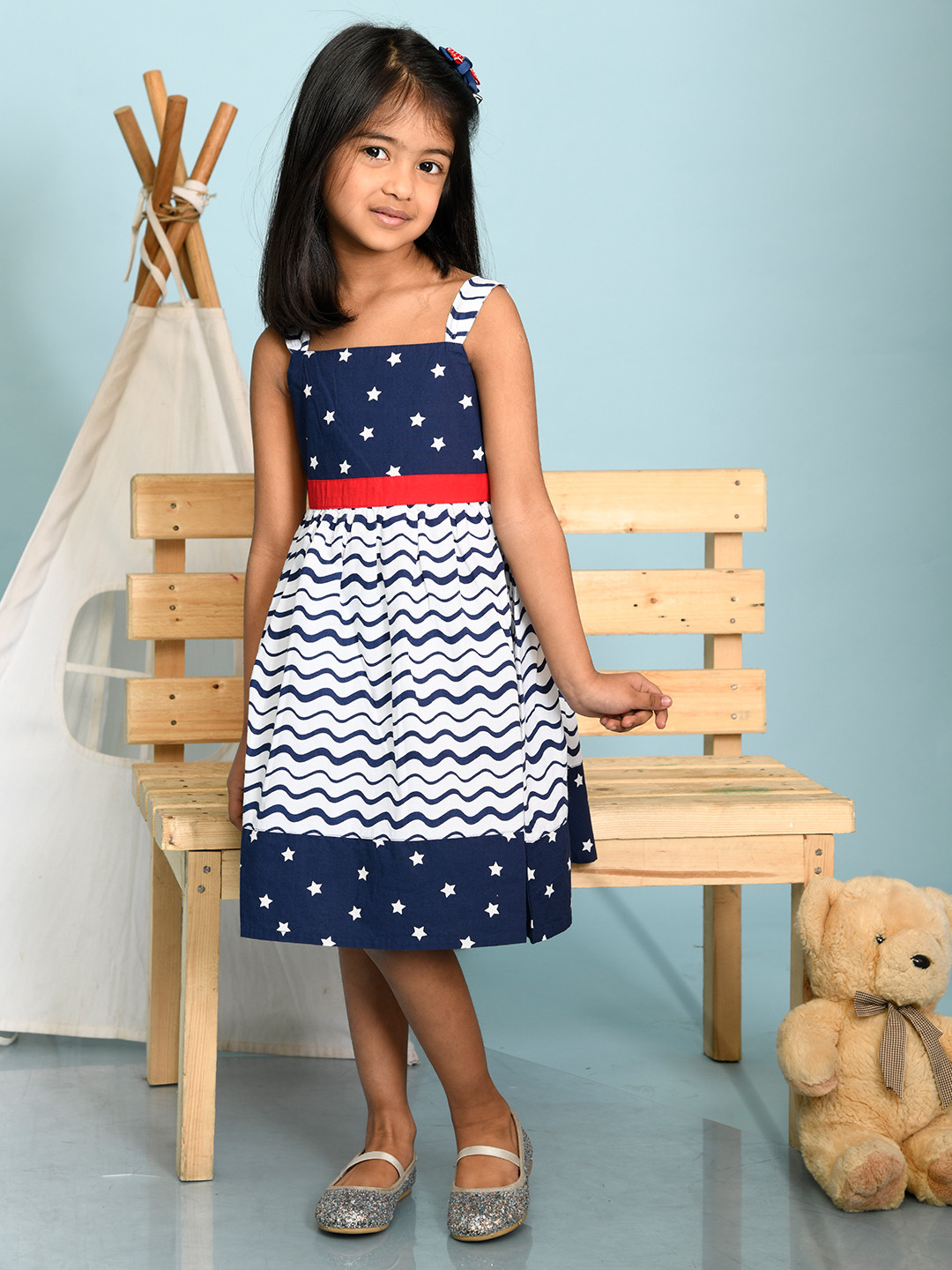 Buy Beebay Infant Girls Navy Blue & White Printed Strappy Cotton Empire