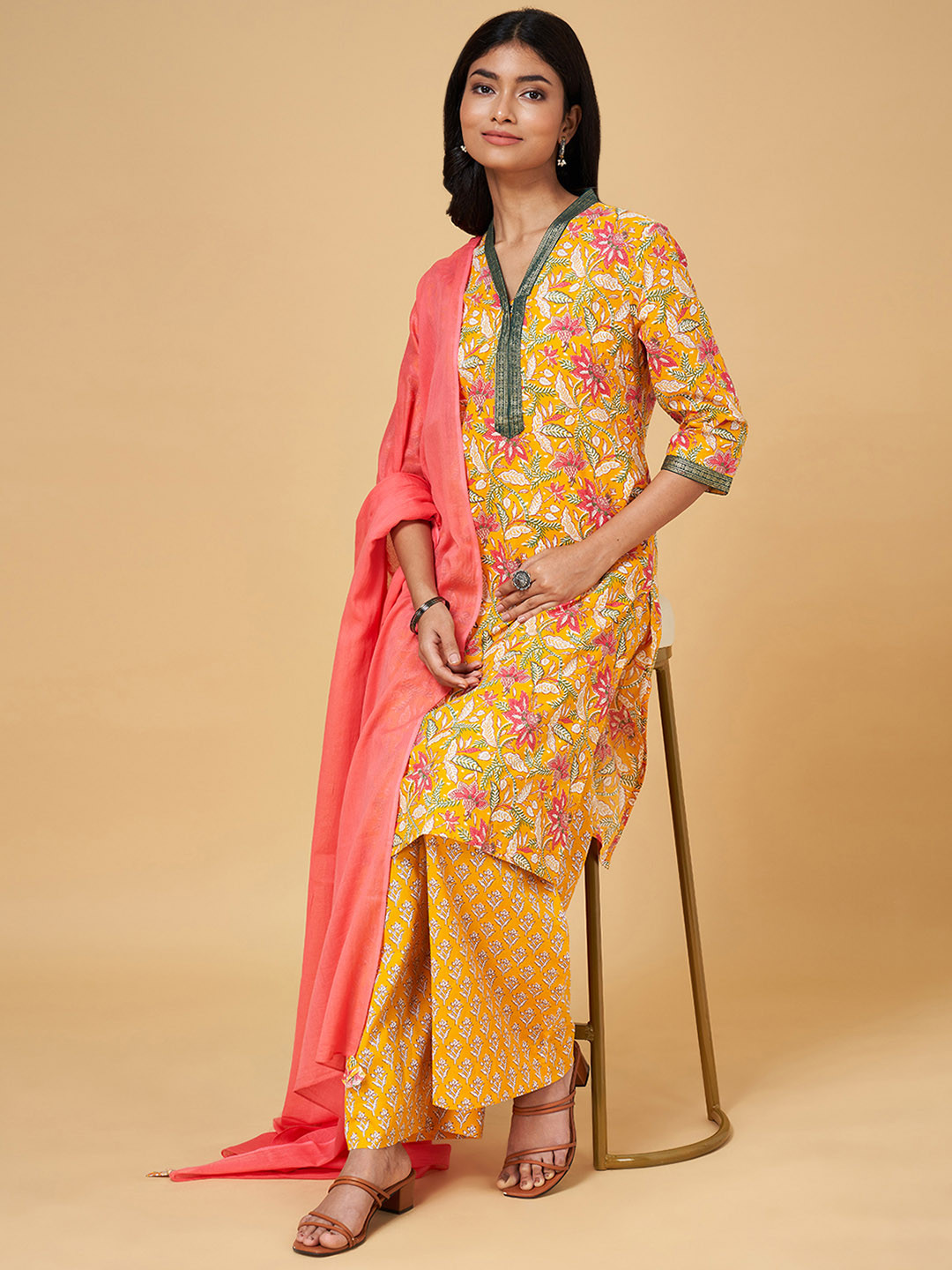 Buy RANGMANCH BY PANTALOONS Women Mustard Yellow Printed Pure Cotton
