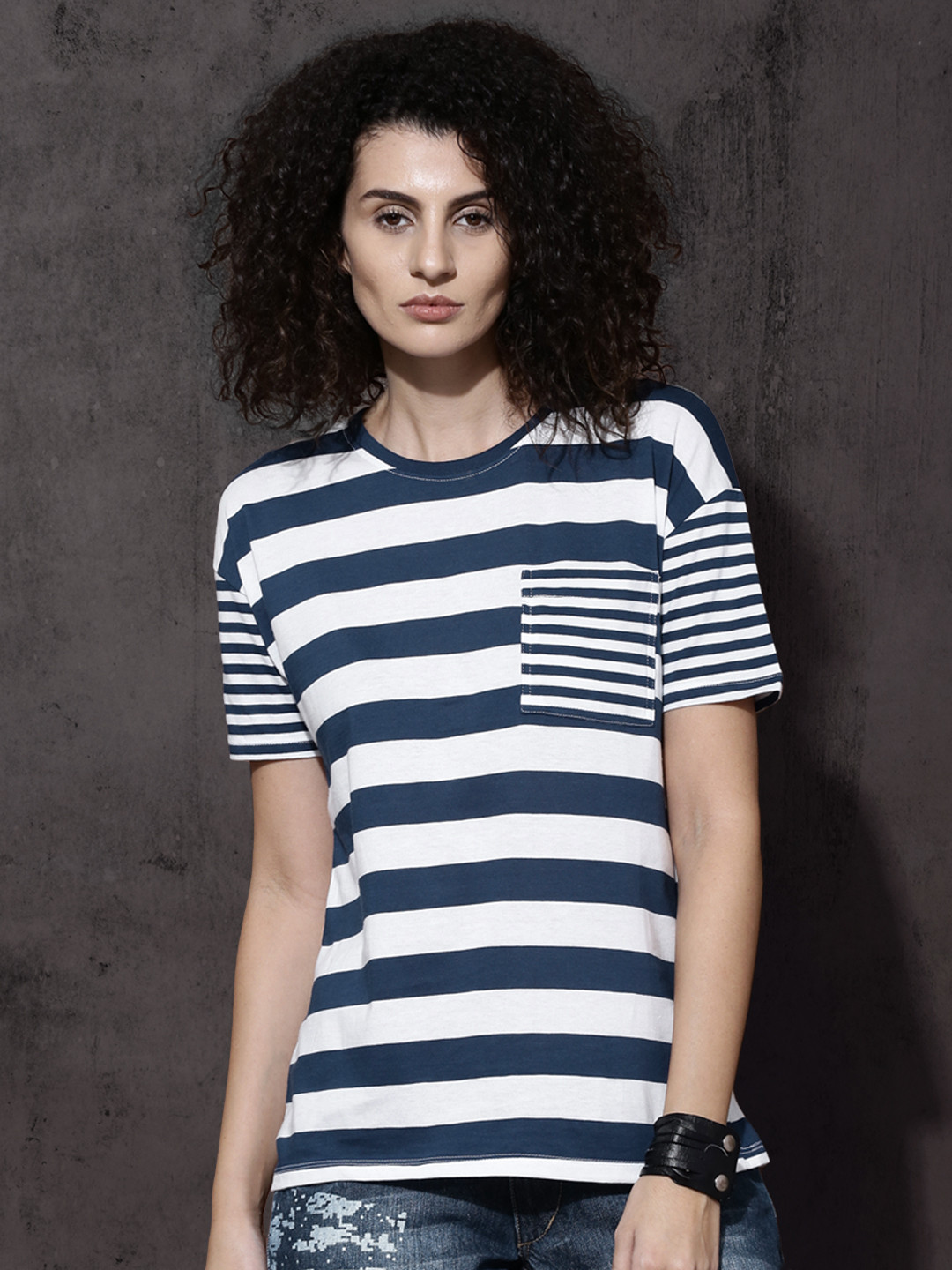 Women's Blue Striped Round Neck Cotton Slim Fit T-Shirt