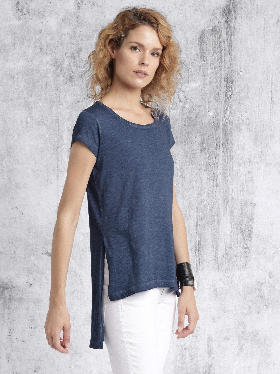 Buy Roadster Women Navy Blue Solid High Low Pure Cotton Top - Tops for Women 1753462 | Myntra