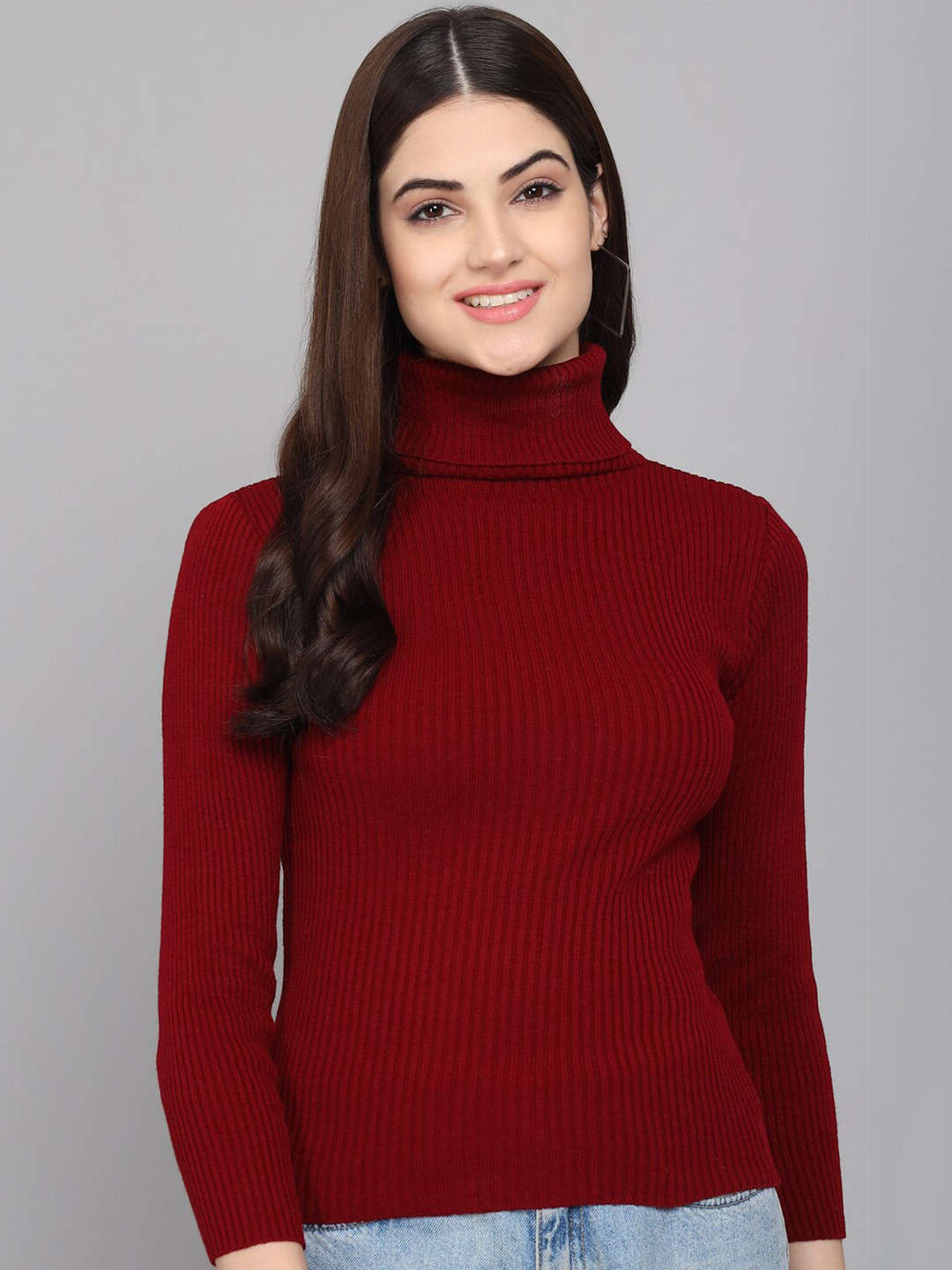 Buy Darzi Women Maroon Striped Woollen Sweater Sweaters for Women