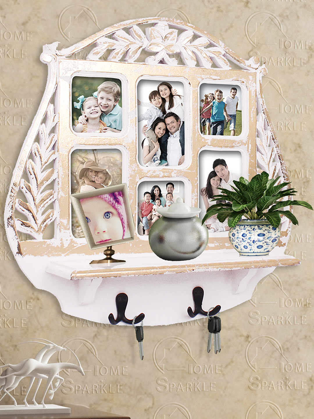 Buy Home Sparkle White & Gold Toned Photo Frame Wall Shelf With Hooks