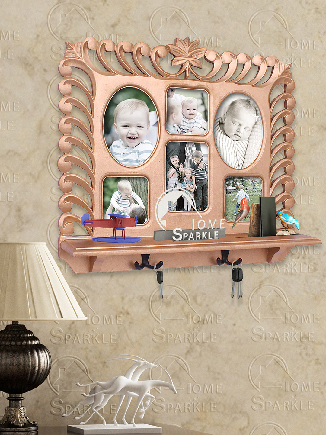Buy Home Sparkle Gold Toned Photo Frame Wall Shelf With Hooks Wall