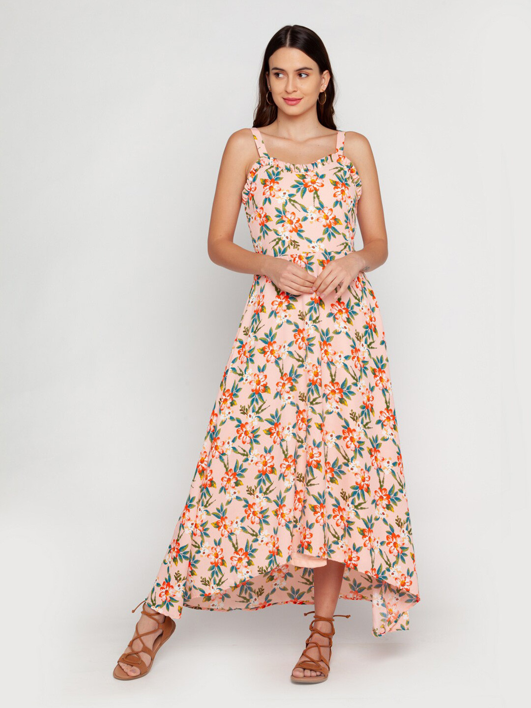 Buy Zink London Women Peach Coloured Floral Printed Maxi Dress