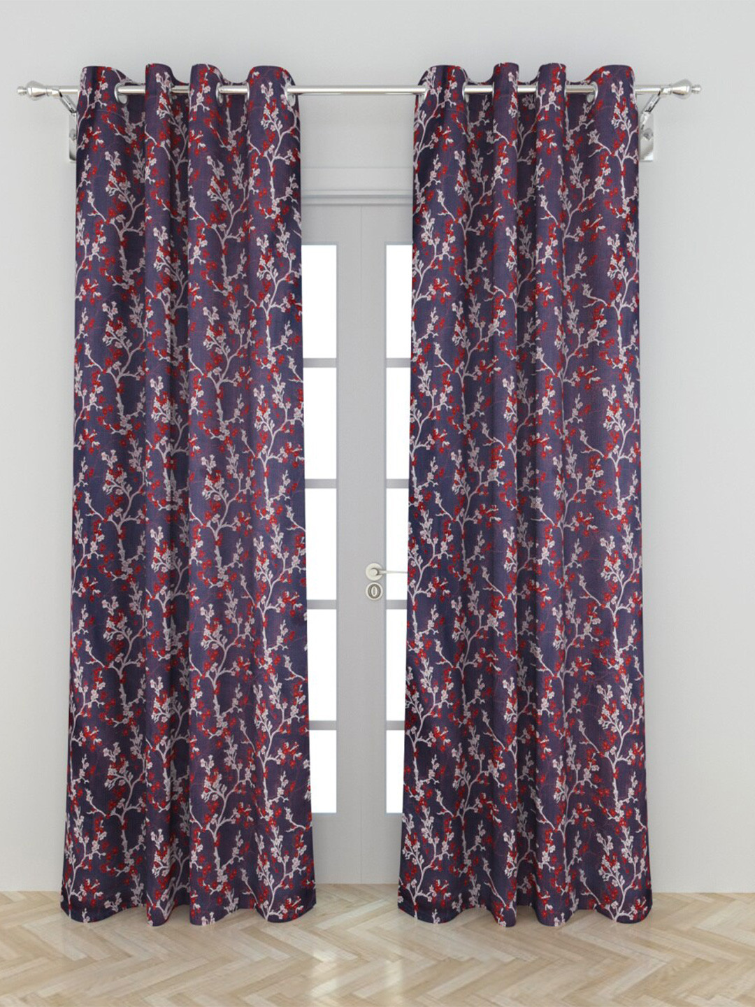 Buy Home Centre Navy Blue & Red Set Of 2 Floral Room Darkening Door