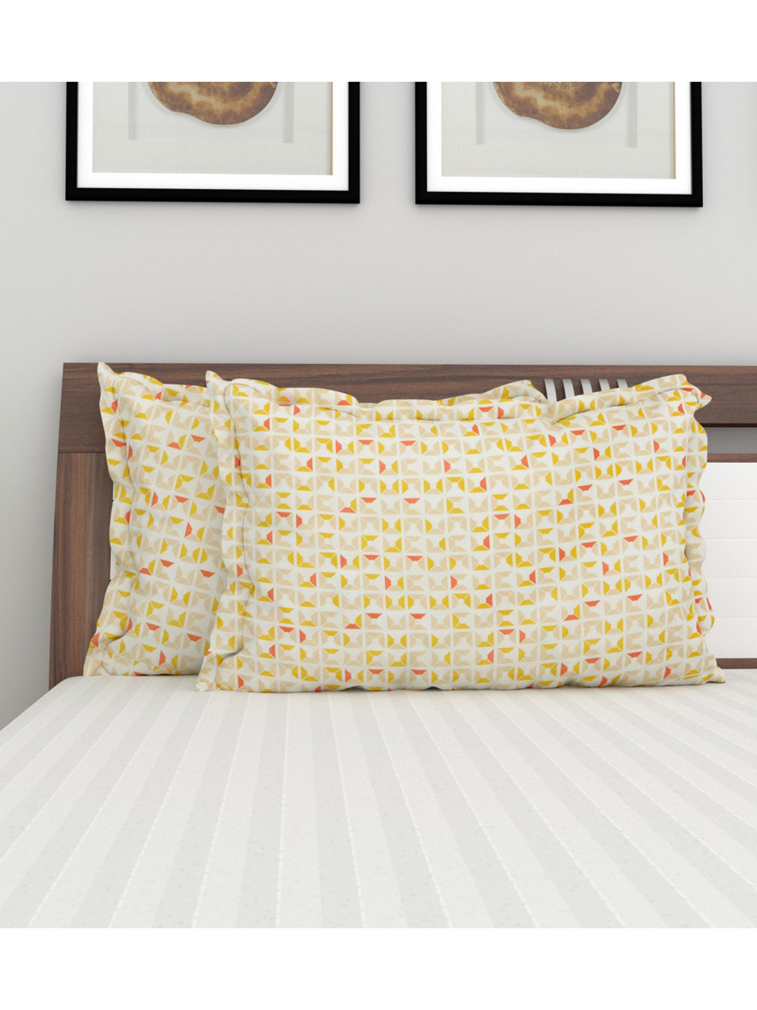 Buy Home Centre Set Of 2 Cream & Yellow Printed Pure Cotton Pillow
