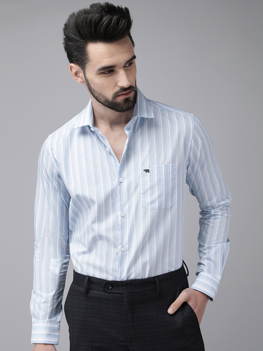Buy THE BEAR HOUSE Men Blue Pure Cotton Striped Slim Fit Formal Shirt