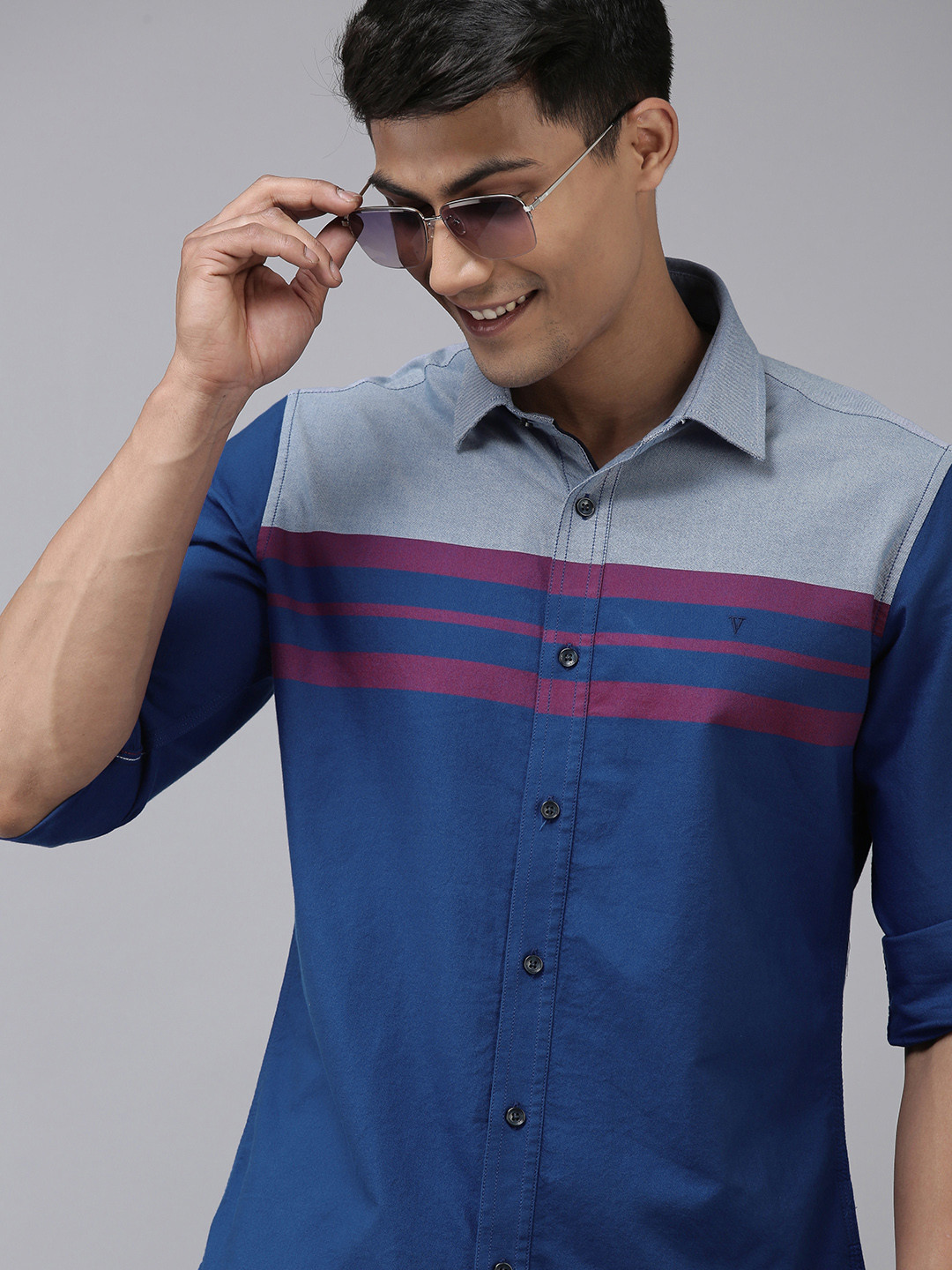 Buy Van Heusen Sport Men Blue & Grey Slim Fit Colourblocked Casual