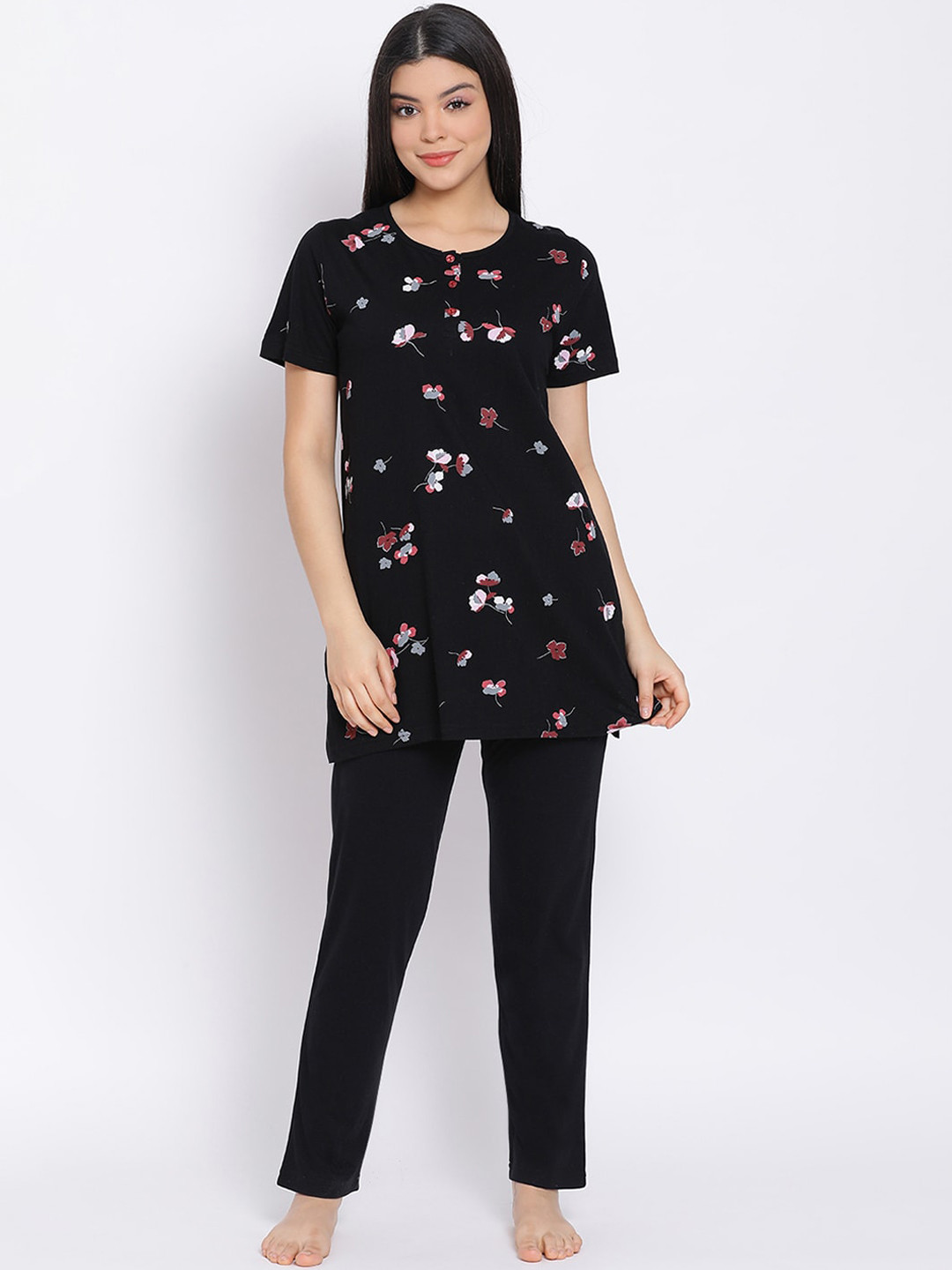 Buy Kanvin Women Black & Brown Printed Pure Cotton Night Suit Night