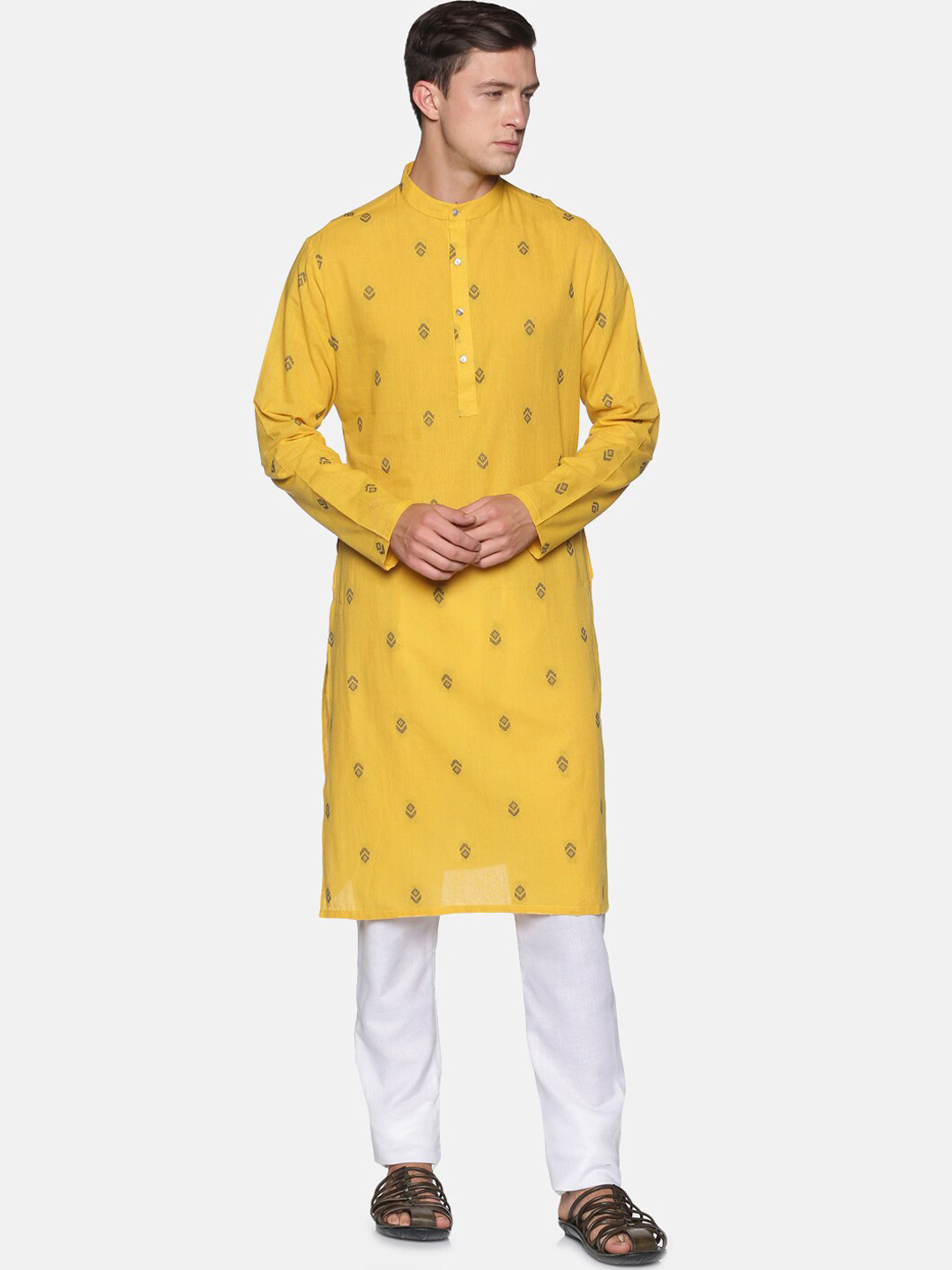 Buy Saffron Threads Men Yellow Woven Design Pure Cotton Kurta With