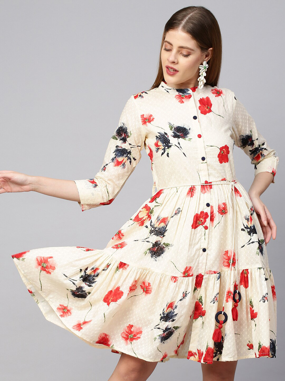 Buy FASHOR Off White Floral Cotton Dress Ethnic Dresses for Women