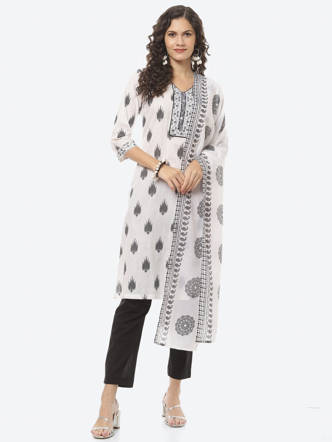 Buy Biba White & Black Printed Pure Cotton Unstitched Dress Material
