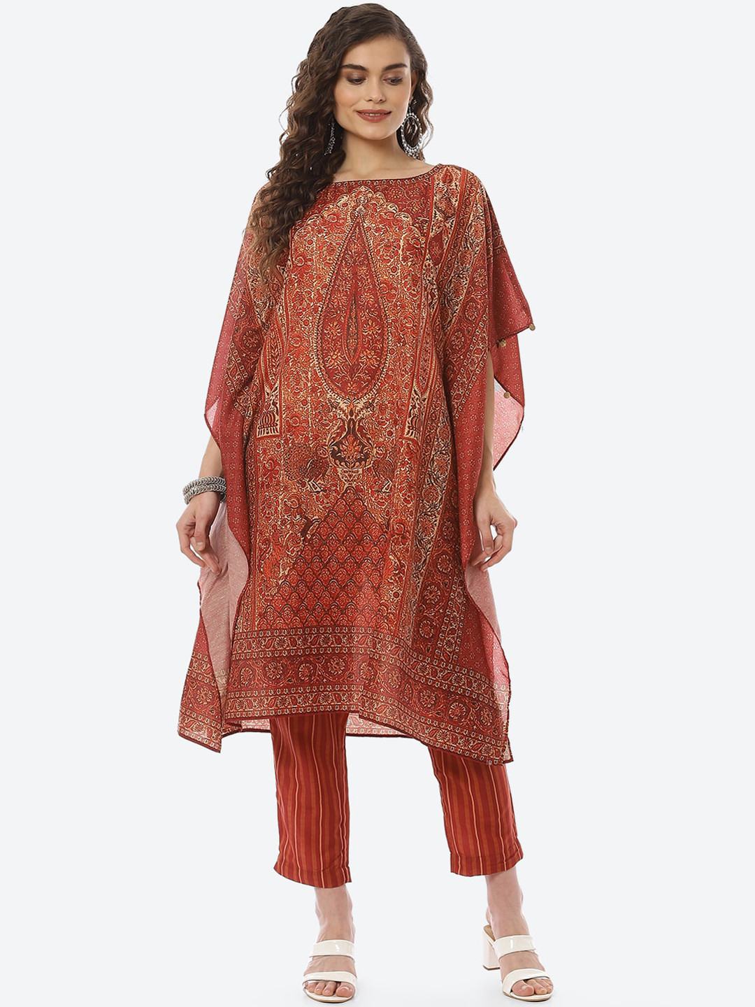 Buy Biba Women Brown Printed Layered Kaftan Kurti With Trousers Kurta