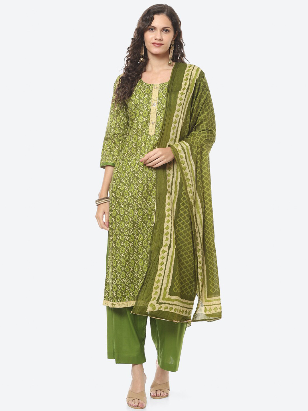 Buy Biba Green Printed Pure Cotton Unstitched Dress Material Dress Material for Women 17550518