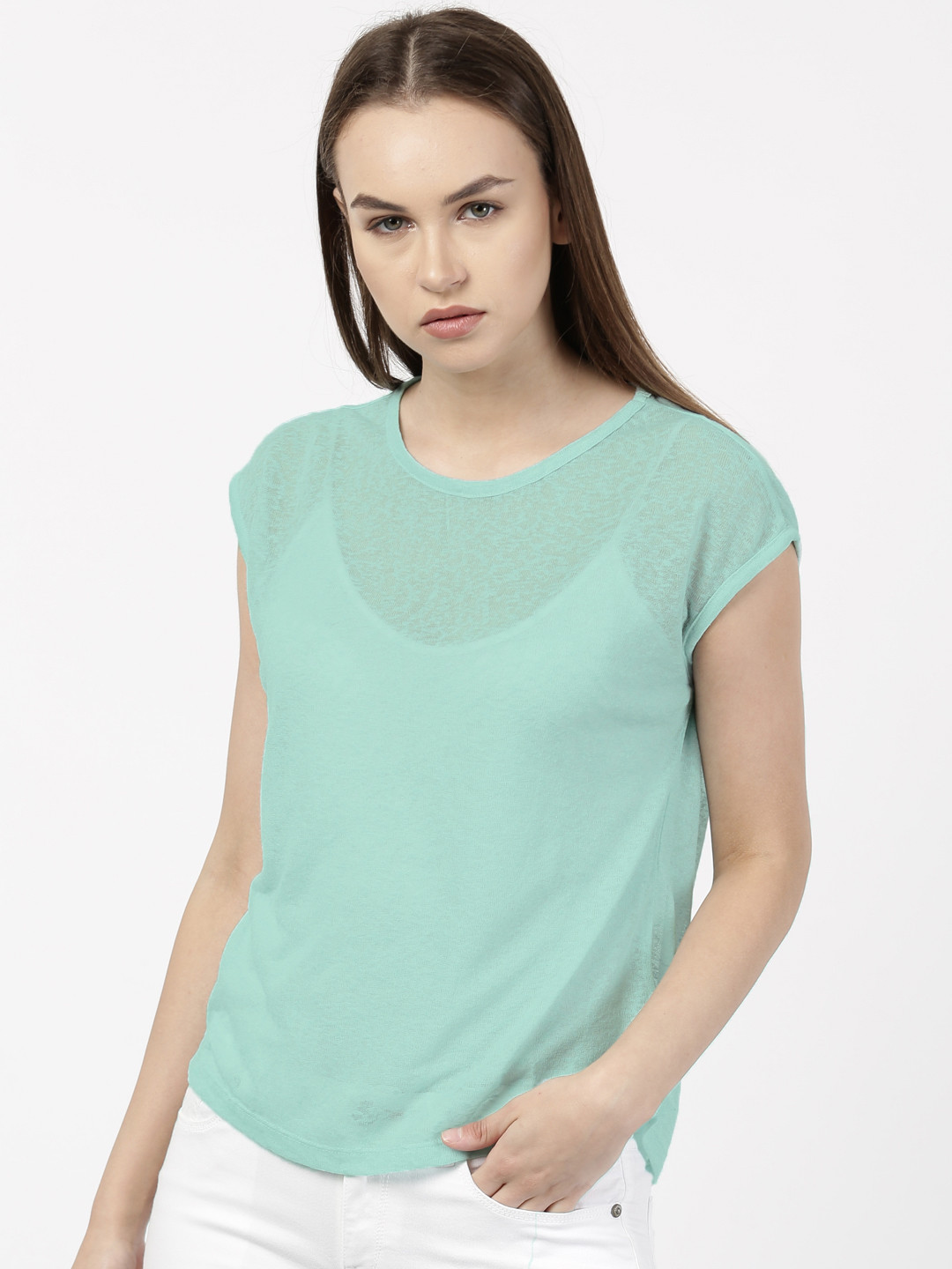 Buy Ether Women Sea Green Solid Sheer T Shirt Tshirts for Women