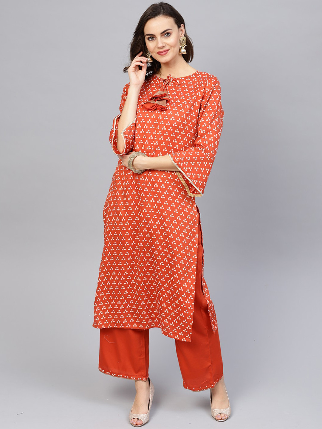Rusty Orange Bandhani Straight Kurta With Round Neck & Half Sleeves