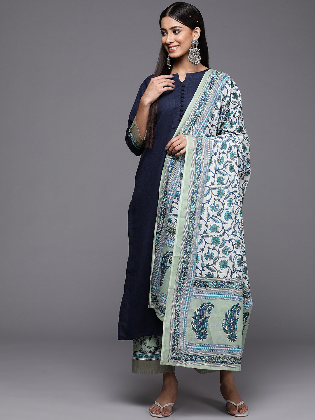 Indo Era Navy Blue Foil Printed Straight Kurta Palazzo With Dupatta Set