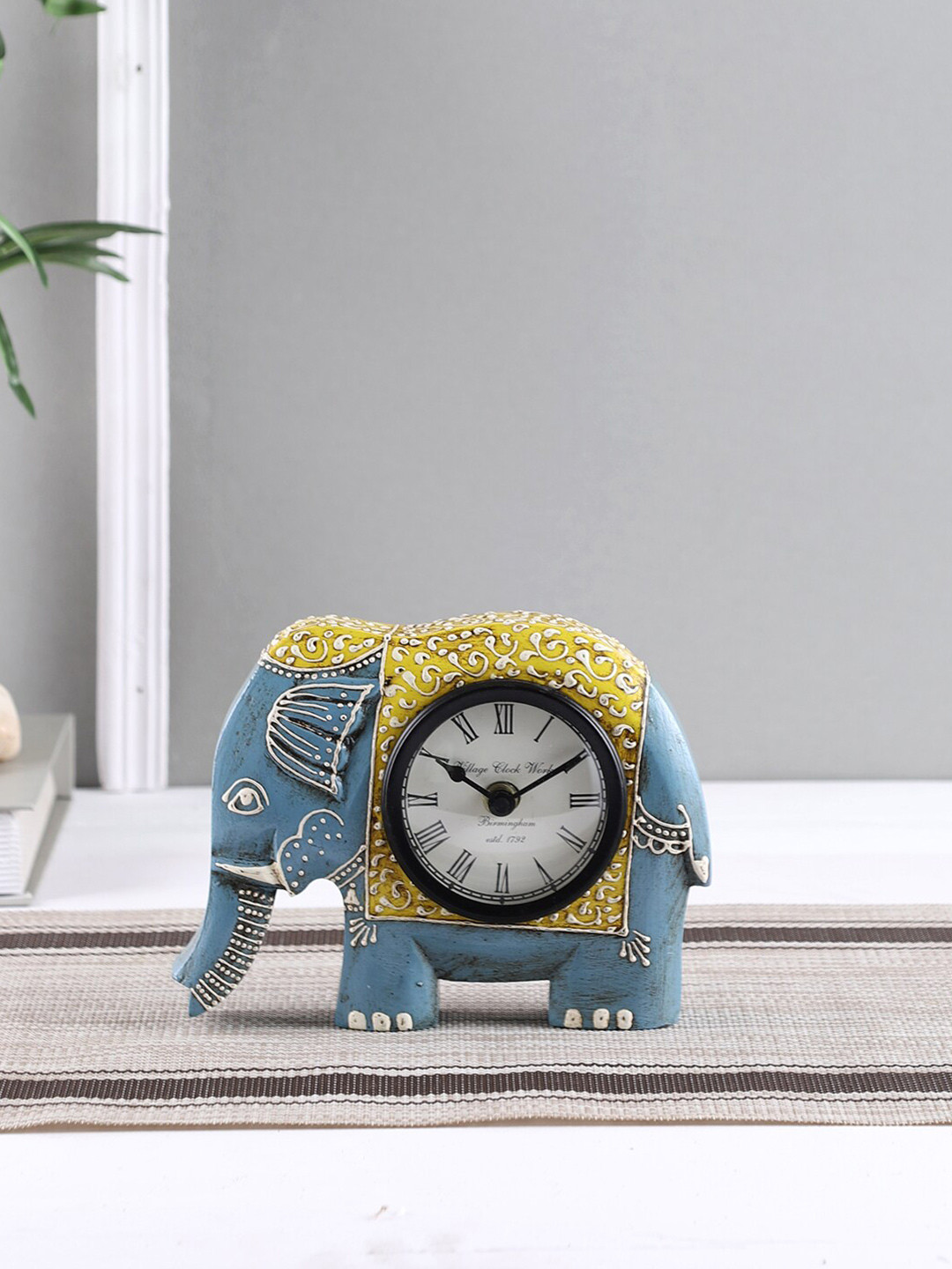 Buy Aapno Rajasthan Blue & Yellow Elephant Design Table Clock Clocks