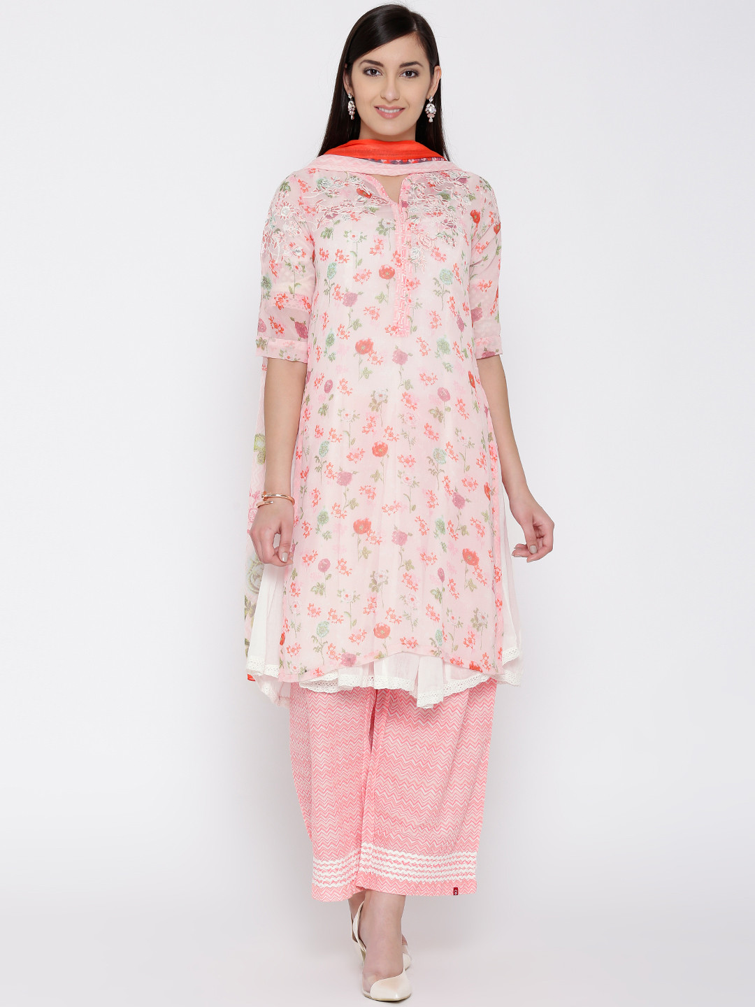 Buy Biba Pink Floral Print Layered Kurta With Palazzo Trousers