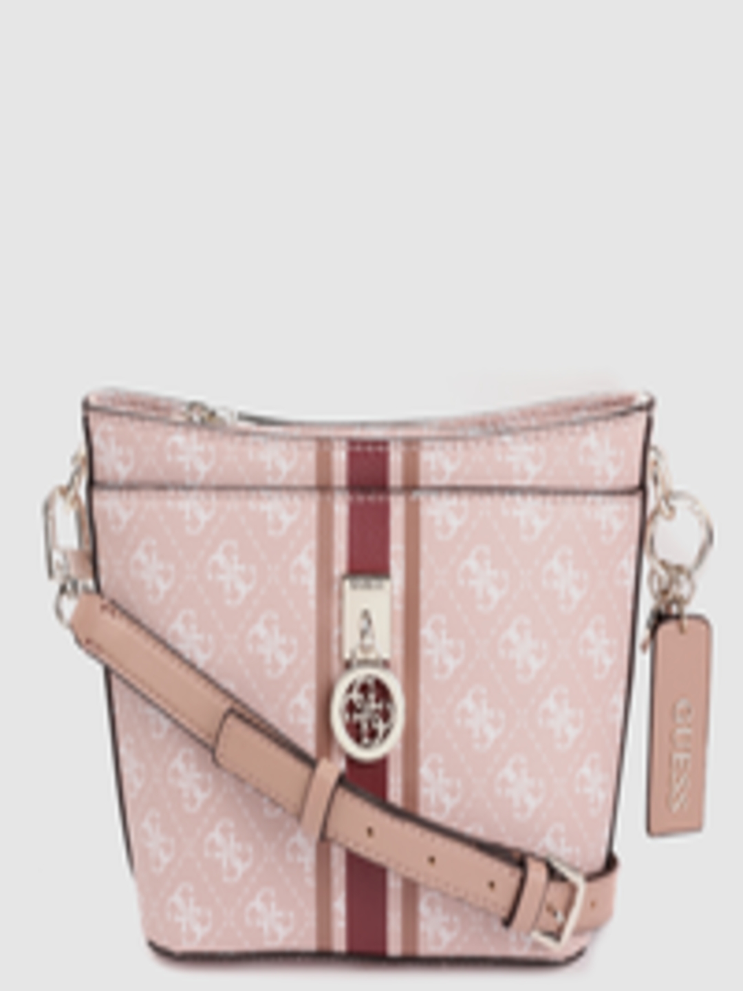 Buy GUESS Peach Coloured & White Brand Logo Print Structured Sling Bag ...