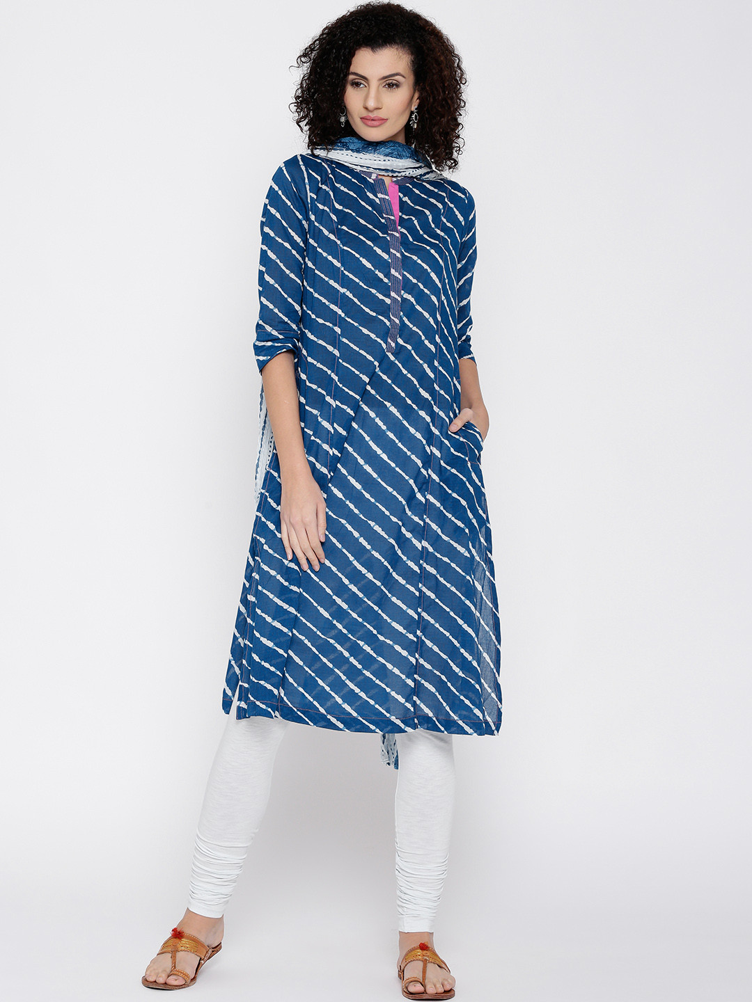 Buy Biba Blue & Off White Leheriya Print Churidar Kurta With Dupatta