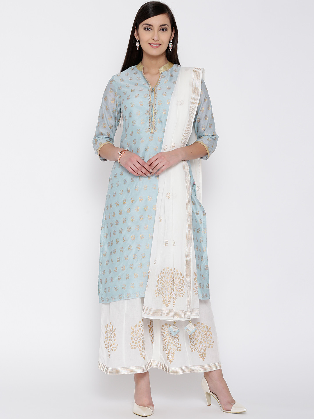 Buy Biba Blue & Off White Printed Kurta With Palazzo Trousers & Dupatta